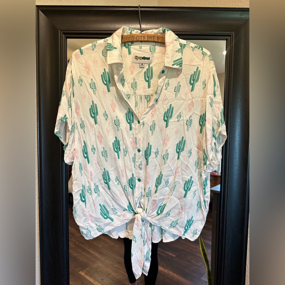 Tipsy Elves White Button-Front Shirt with Green and Pink Cactus Print